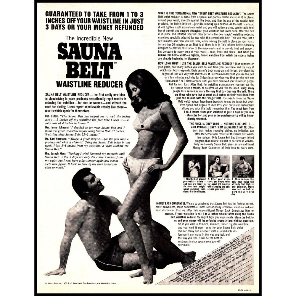 1970 The Sauna Belt Waistline Reducer Vintage Print Ad Brunette Bikini Wall Art